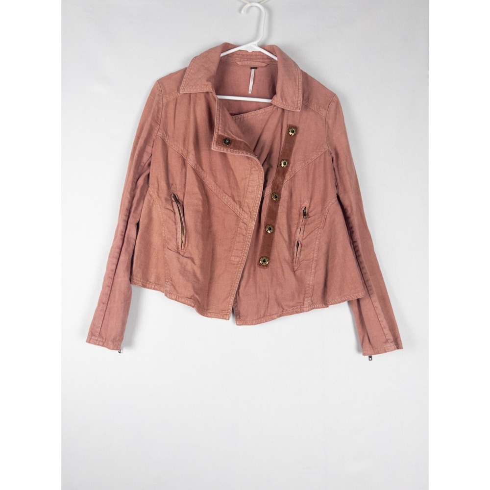 Free People Moto Jacket Womens XS Pink Asymmetrical‎ Snap Canvas Collared